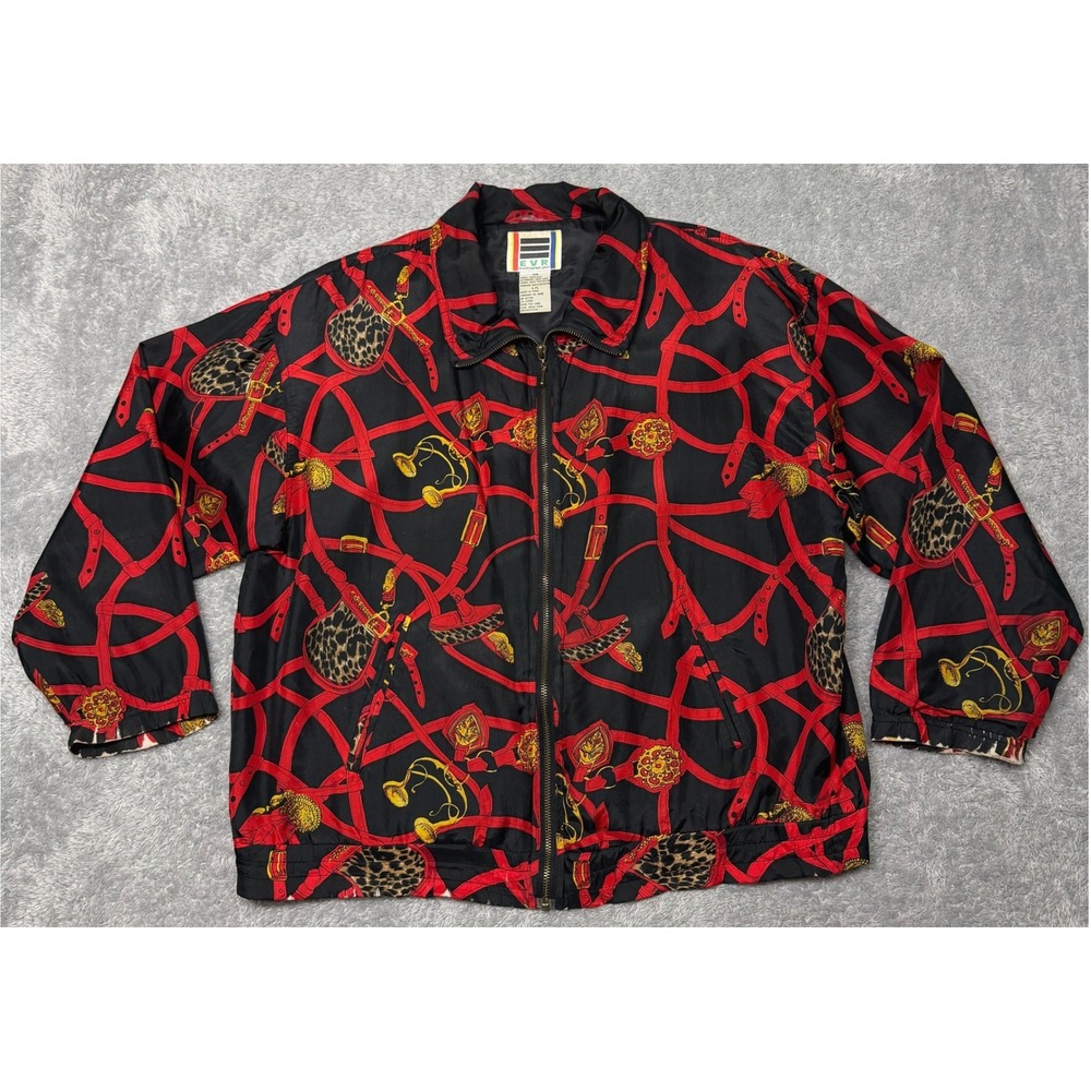 Vintage EVR Bomber Jacket Womens L Red Black Silk Baroque Equestrian Chain 80s